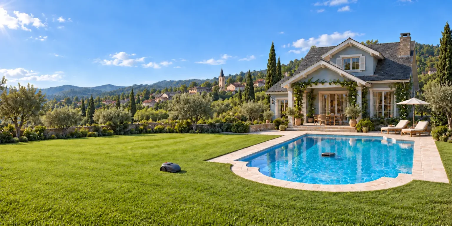 Illustrative outdoor scene with a robot mower beside a swimming pool and a skimmer on the water.