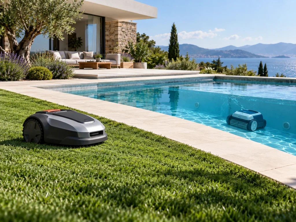 Robotic lawn mower and pool cleaner operating in a modern villa garden, demonstrating outdoor equipment for B2B sourcing and distribution.