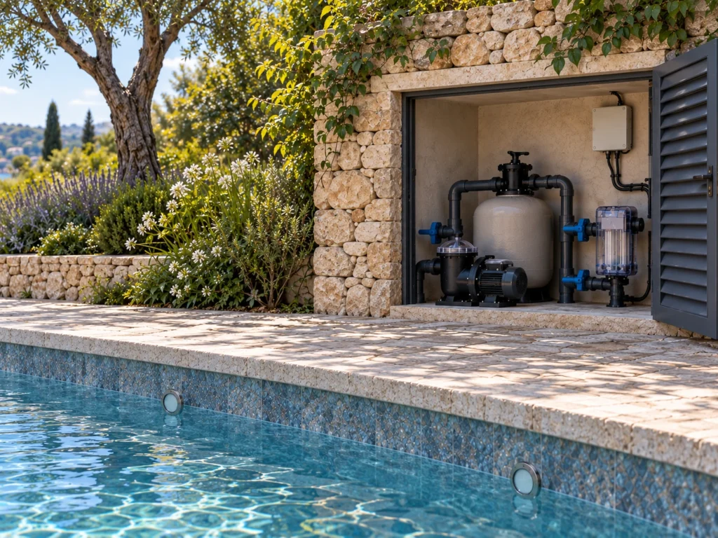 Pool water pumps, salt chlorinator and underwater pool lights installed in a modern villa pool system, available for B2B sourcing and distribution.