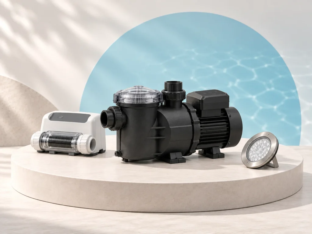 Pool pump, water treatment unit and pool light displayed together.