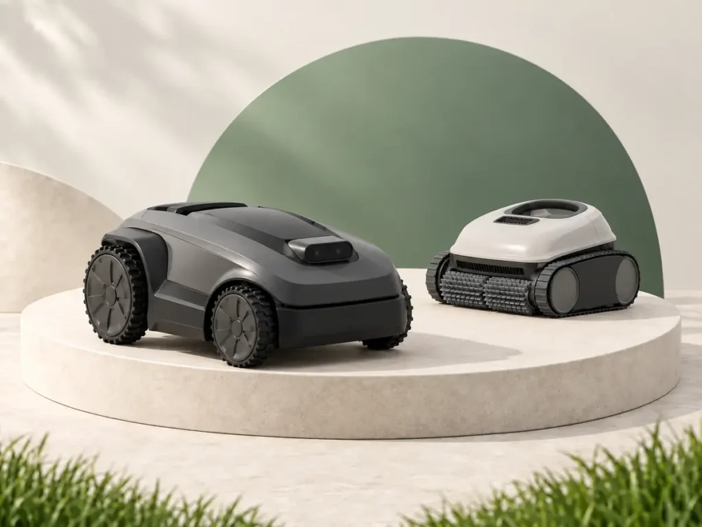 Robotic lawn mower and robotic pool cleaner displayed together outdoors.