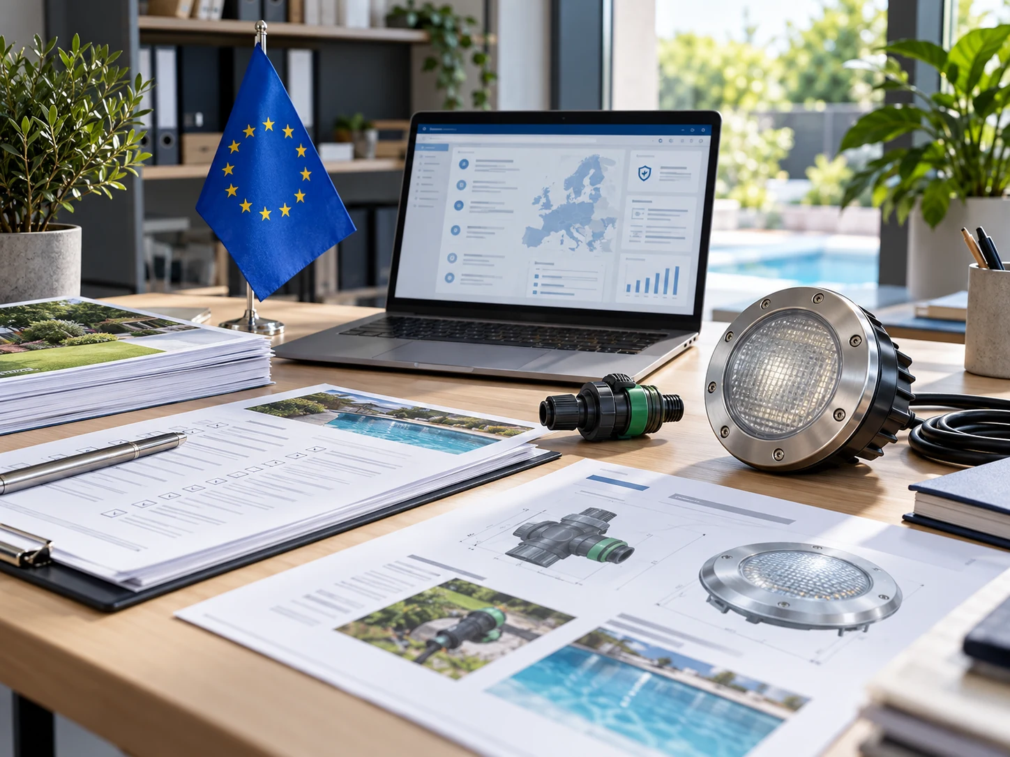 Compliance documentation reviewed for garden and pool products.