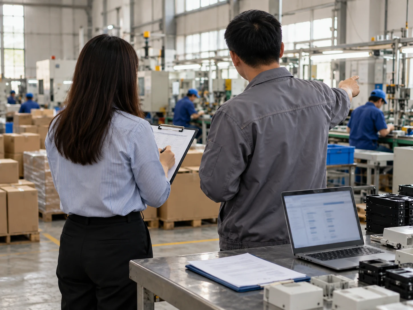 Two people reviewing production on a factory floor.